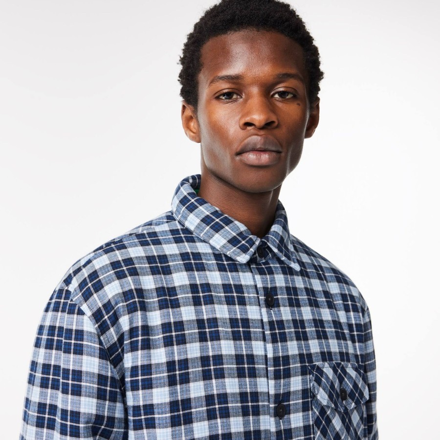 Men Lacoste Shirts | Checked Overshirt With Quilted Lining Navy Blue / White