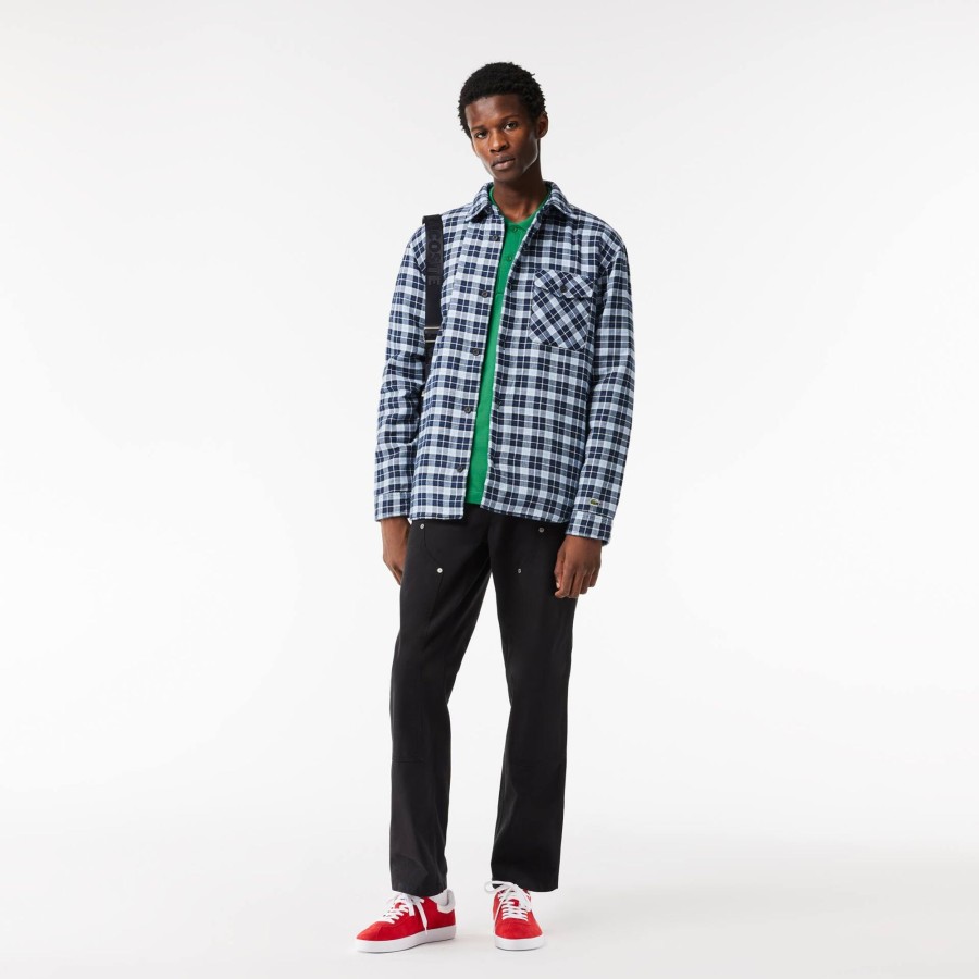 Men Lacoste Shirts | Checked Overshirt With Quilted Lining Navy Blue / White